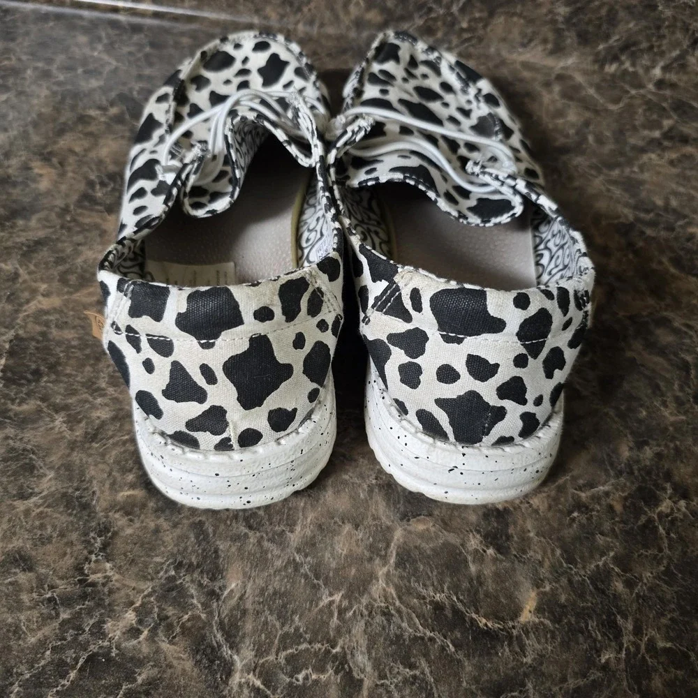 hey dude wendy womens size 7 shoes black white cow slip on comfort sneakers